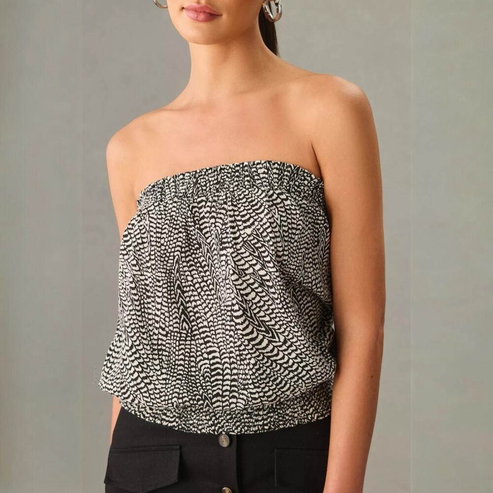 By Anthropologie Strapless Smocked Bubble Top Black White Print Size XL NEW